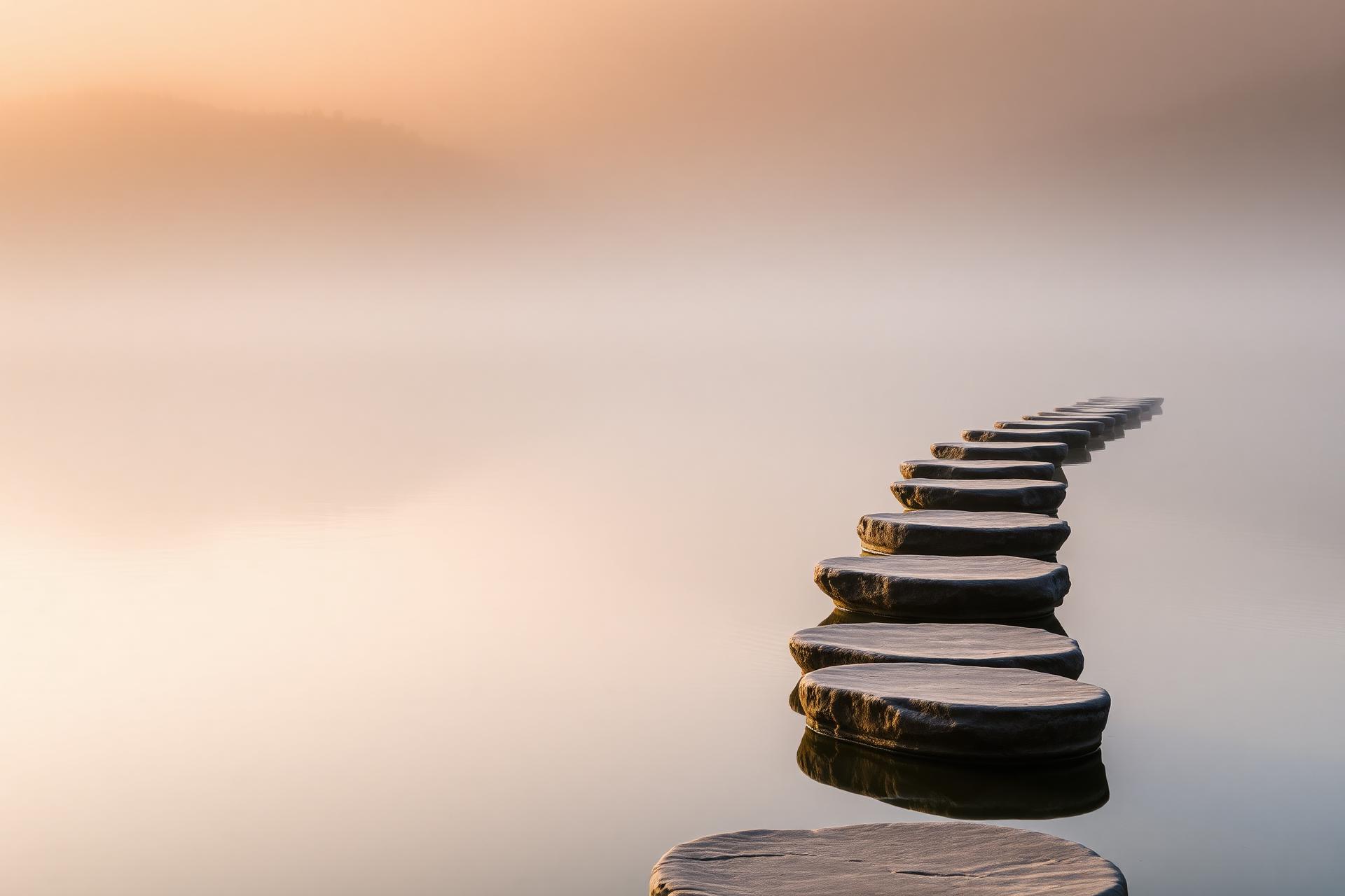 Stepping stones across calm water at dawn